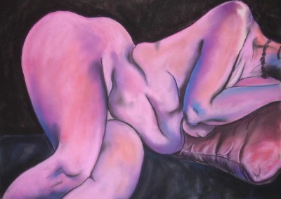 burns, sarah. pastel woman pink reclining lady. pastel on paper. 30in w. x 22in h. 2007
